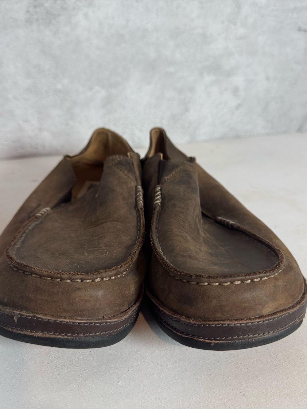 OluKai Men's Distressed Brown Leather Slip-On Loafers